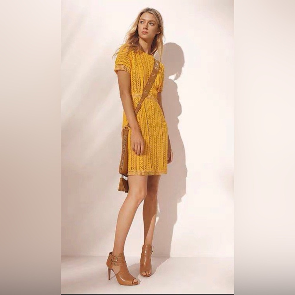 Michael Kors Yellow Open Knit Crochet Lace Dress w/ Nude Slip Feminine Summer 6